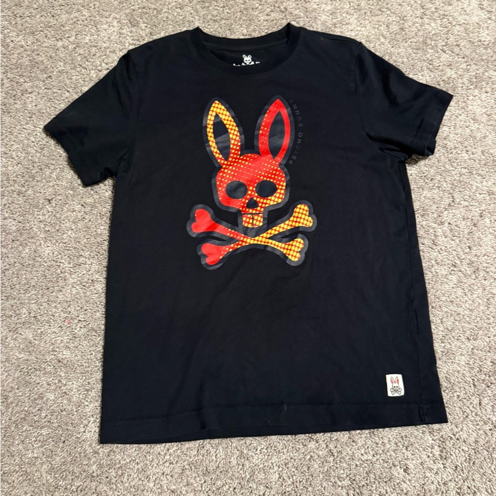 Psycho Bunny Black Tee with Red and Yellow Bunny Graphic